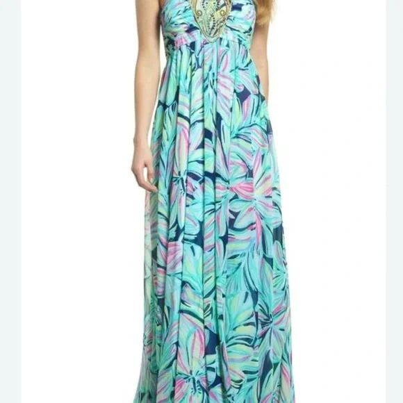 Lilly Pulitzer Lanette High Tide Navy Dancing Lady with Gold Beads and Stitch.
